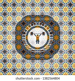 weightlifter girl icon inside arabesque badge background. arabic decoration.
