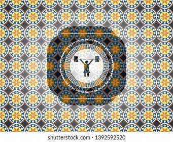 weightlifter girl icon inside arabesque style emblem. arabic decoration.