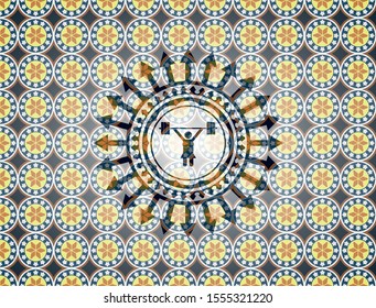 weightlifter girl icon inside arabesque emblem. arabic decoration.