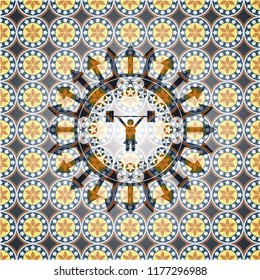 weightlifter girl icon inside arabic style badge. Arabesque decoration.