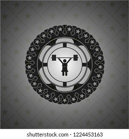 weightlifter girl icon inside black emblem. Vintage.