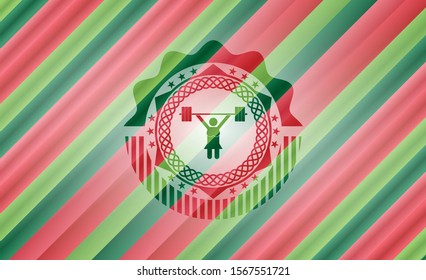 weightlifter girl icon inside christmas style emblem.