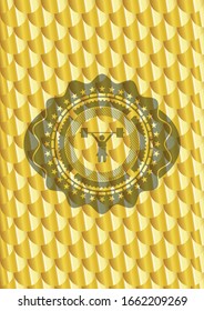 weightlifter girl icon inside gold shiny badge. Scales pattern. Vector Illustration. Detailed.