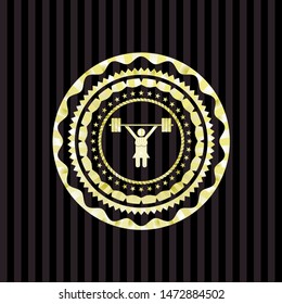 weightlifter girl icon inside golden badge or emblem