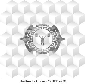 weightlifter girl icon inside grey badge with geometric cube white background