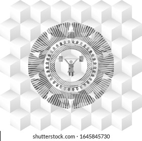 weightlifter girl icon inside grey badge with geometric cube white background