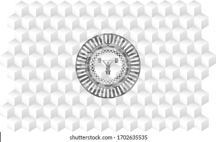 weightlifter girl icon inside grey badge with geometric cube white background. 