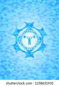 weightlifter girl icon inside light blue emblem with triangle mosaic background