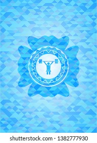 weightlifter girl icon inside light blue emblem. Mosaic background