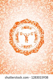 weightlifter girl icon inside orange mosaic emblem with background