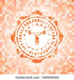 weightlifter girl icon inside orange tile background illustration. Square geometric mosaic seamless pattern with emblem inside.