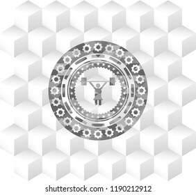 weightlifter girl icon inside realistic grey emblem with cube white background