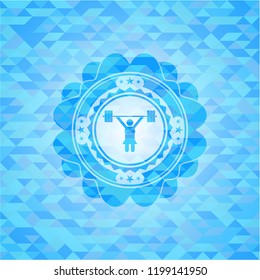  weightlifter girl icon inside realistic light blue mosaic emblem