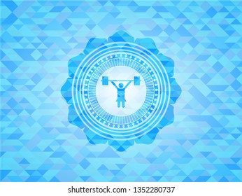 weightlifter girl icon inside realistic light blue emblem. Mosaic background