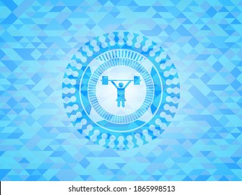weightlifter girl icon inside realistic light blue mosaic emblem. 