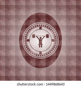 weightlifter girl icon inside red seamless emblem or badge with geometric pattern background.