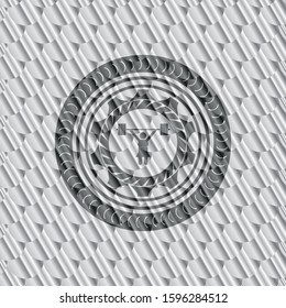 weightlifter girl icon inside silver emblem. Scales pattern. Vector Illustration. Detailed.