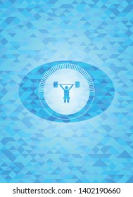 weightlifter girl icon inside sky blue emblem with mosaic ecological style background