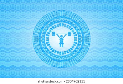 weightlifter girl icon inside water wave style emblem. 