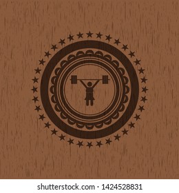 weightlifter girl icon inside wood emblem. Vintage.