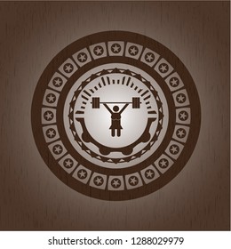 weightlifter girl icon inside wooden emblem. Retro