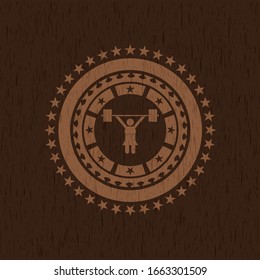weightlifter girl icon inside wooden emblem. Retro