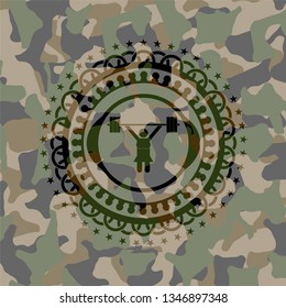 weightlifter girl icon on camouflage pattern