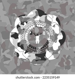 weightlifter girl icon on grey camouflaged pattern. 