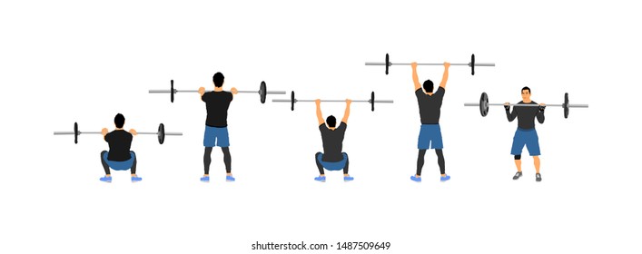 Weightlifter in gym vector isolated on white background. Working out weightlifting. Sports guy doing exercise with barbell. Sports man body builder in training. Health and fitness. Personal trainer.