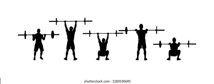 Weightlifter in gym vector silhouette isolated on white. Working out weightlifting. Sports guy doing exercise with barbell. Man body builder in training. Health and fitness. Personal trainer