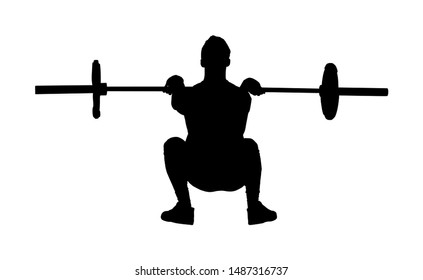 Weightlifter in gym vector silhouette isolated on white. Working out weightlifting. Sports guy doing exercise with barbell. Sports man body builder in training. Health and fitness. Personal trainer.