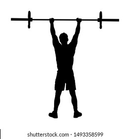 Weightlifter in gym vector silhouette isolated on white. Working out weightlifting. Sports guy doing exercise with barbell. Sports man body builder in training. Health and fitness. Personal trainer.