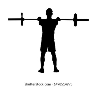 Weightlifter in gym vector silhouette isolated on white. Working out weightlifting. Sports guy doing exercise with barbell. Sports man body builder in training. Health and fitness. Personal trainer.