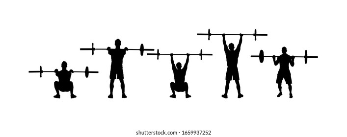 Weightlifter in gym vector silhouette isolated on white background. Working out. Sports guy doing exercise with barbell. Sports man body builder in training. Health and fitness. Personal trainer.
