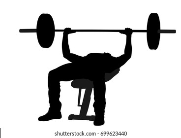 Weightlifter in gym vector silhouette isolated on white. Working out weightlifting. Sports guy doing exercise with barbell. Sports man body builder in training on bench. Health and fitness trainer.