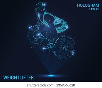 Weightlifter hologram. Holographic projection of a weightlifter. Flickering energy flux of particles. The scientific design of the weightlifter