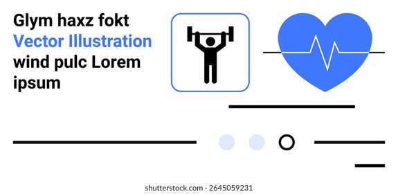 Weightlifter lifting barbell icon, blue heart with ECG line, text blocks. Ideal for fitness, health, wellness, exercise, medical, gym, lifestyle Landing page