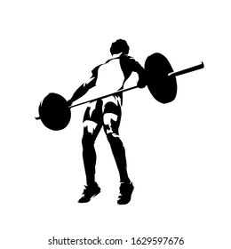 Weightlifter lifting big barbell, isolated vector silhouette. Ink drawing