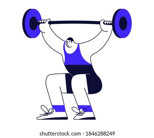 Weightlifter lifting a big barbell isolated on white background. Male sportsman in modern outline minimalist design. Flat Art Vector Illustration