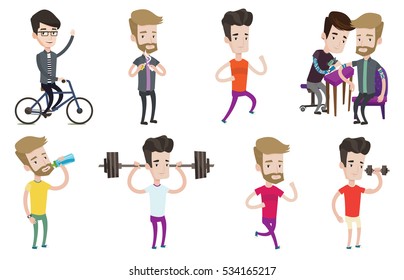 Weightlifter lifting a heavy weight dumbbell. Caucasian weightlifter doing exercise with dumbbell. Weightlifter holding dumbbell. Set of vector flat design illustrations isolated on white background.
