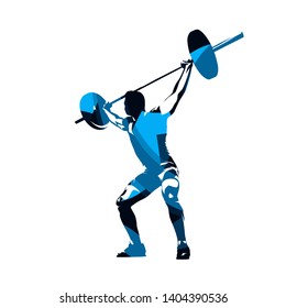 Weightlifter lifts big barbell, abstract blue isolated vector silhouette. Ink drawing. Fitness