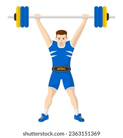 Weightlifter male character, isolated man personage with barbell and heavy weights training and practicing. Working out and growing muscles in gym, competition for guy. Vector in flat styles svg