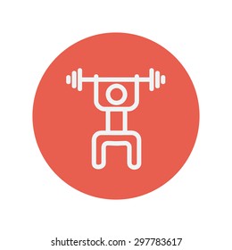 Weightlifter man with barbell thin line icon for web and mobile minimalistic flat design. Vector white icon inside the red circle.