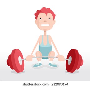 Weightlifter, man with barbell, vector cartoon illustration