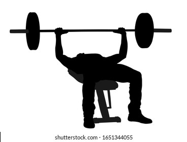 Weightlifter On Bench In Gym Vector Silhouette Isolated On White Background. Working Out. Sport Guy Doing Exercise On Simulator. Sports Man Bodybuilder In Training. Health And Fitness. Weightlifting.