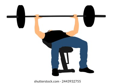 Weightlifter on bench gym vector illustration isolated on white background. Working out. Sports guy doing exercise on simulator. Sports man Bodybuilder in training. Health and fitness. Weightlifting.