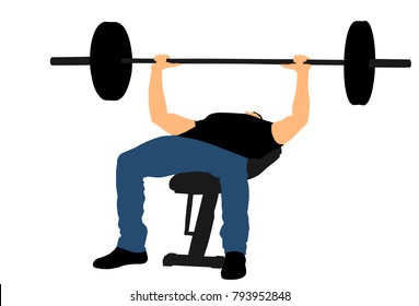 Weightlifter on bench gym vector illustration isolated on white background. Working out. Sports guy doing exercise on simulator.sports man Bodybuilder in training. Health and fitness. Weightlifting.