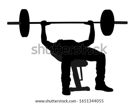 Weightlifter on bench in gym vector silhouette isolated on white background. Working out. Sport guy doing exercise on simulator. Sports man Bodybuilder in training. Health and fitness. Weightlifting.