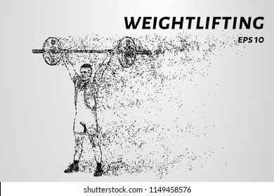 Weightlifter of particles. Weightlifter raises the bar over his head