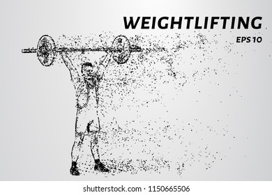 The weightlifter raised the bar above his head. Weightlifter of particles